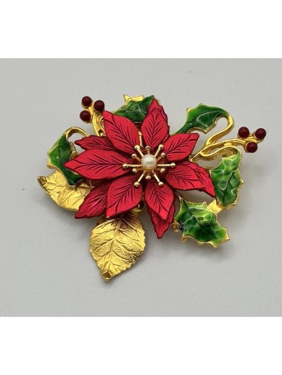 Kenneth Cole Jewelry - Kenneth Cole Vintage Red Poinsettia Brooch Gold Faux Pearl Signed 2 in. Metal